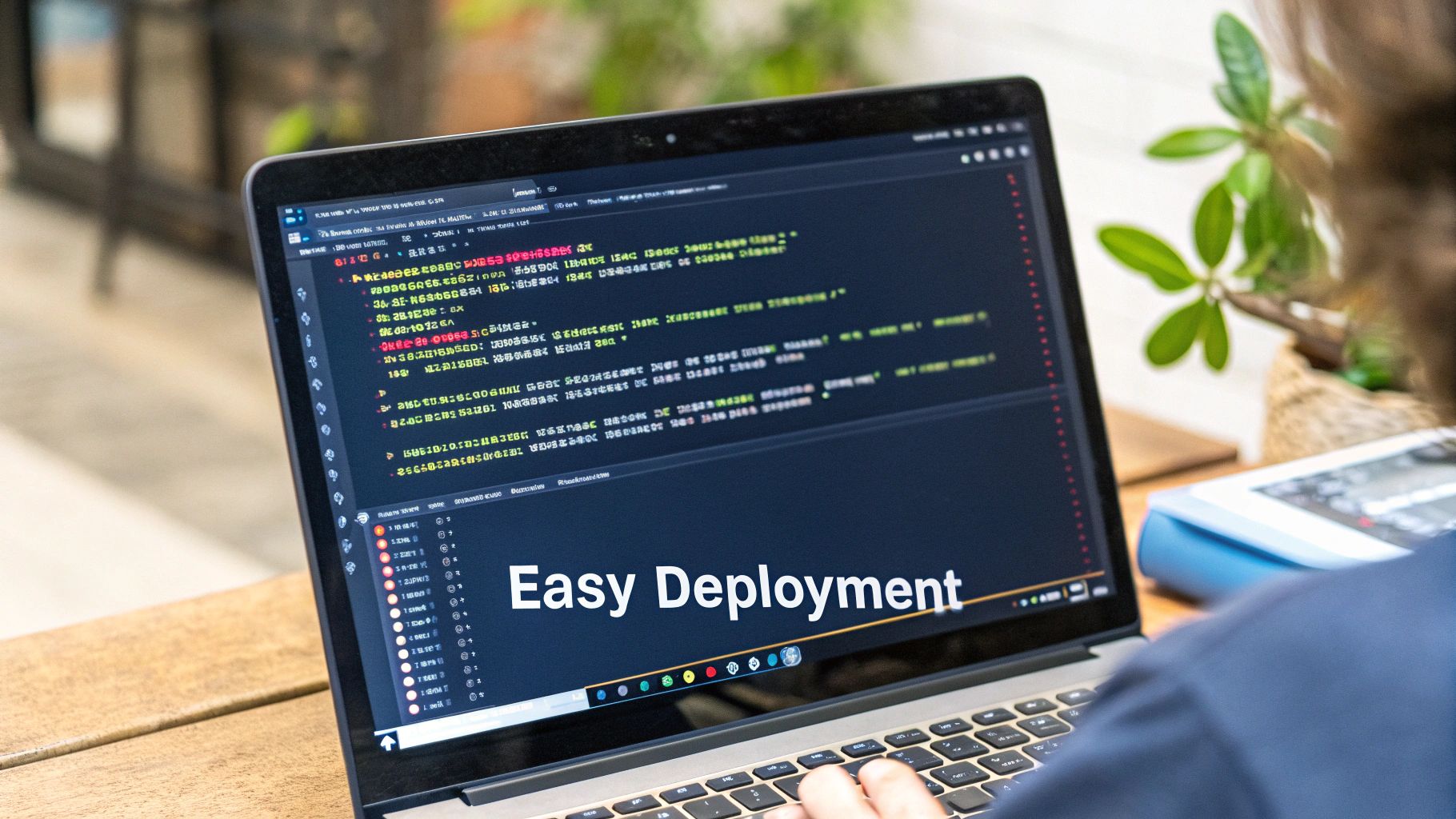 A person working on a laptop showing a chatbot being deployed on a website