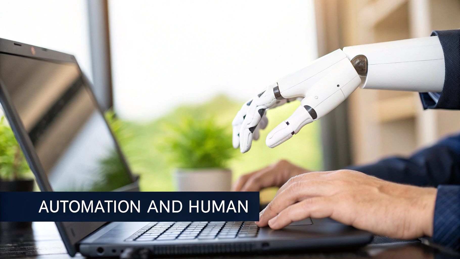 A human hand and a robotic hand interacting with a laptop, symbolizing automation and human collaboration.