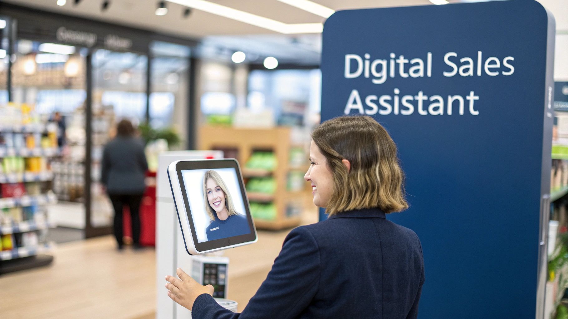 A woman smiles while interacting with a digital sales assistant screen in a retail store.