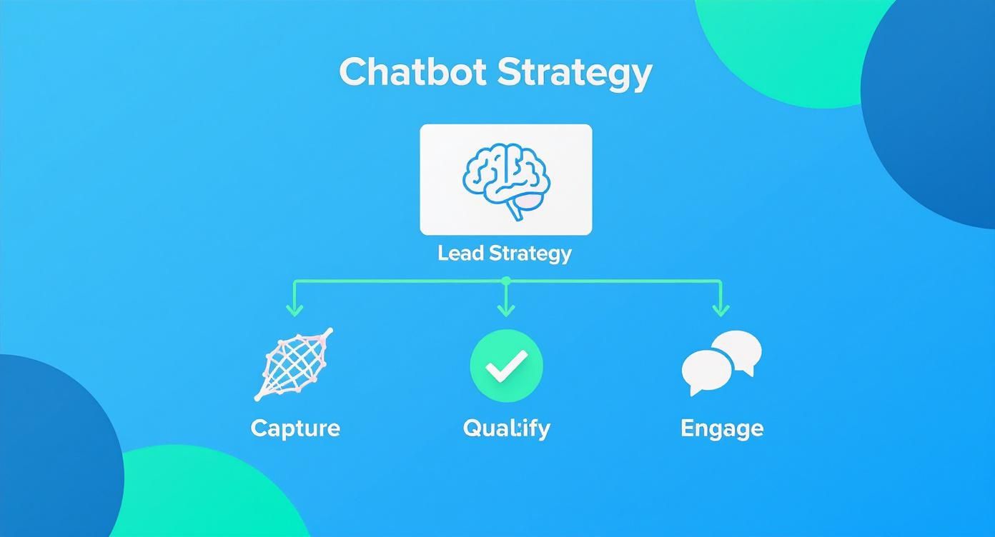 Infographic illustrating a chatbot lead strategy, with icons for capturing, qualifying, and engaging leads.