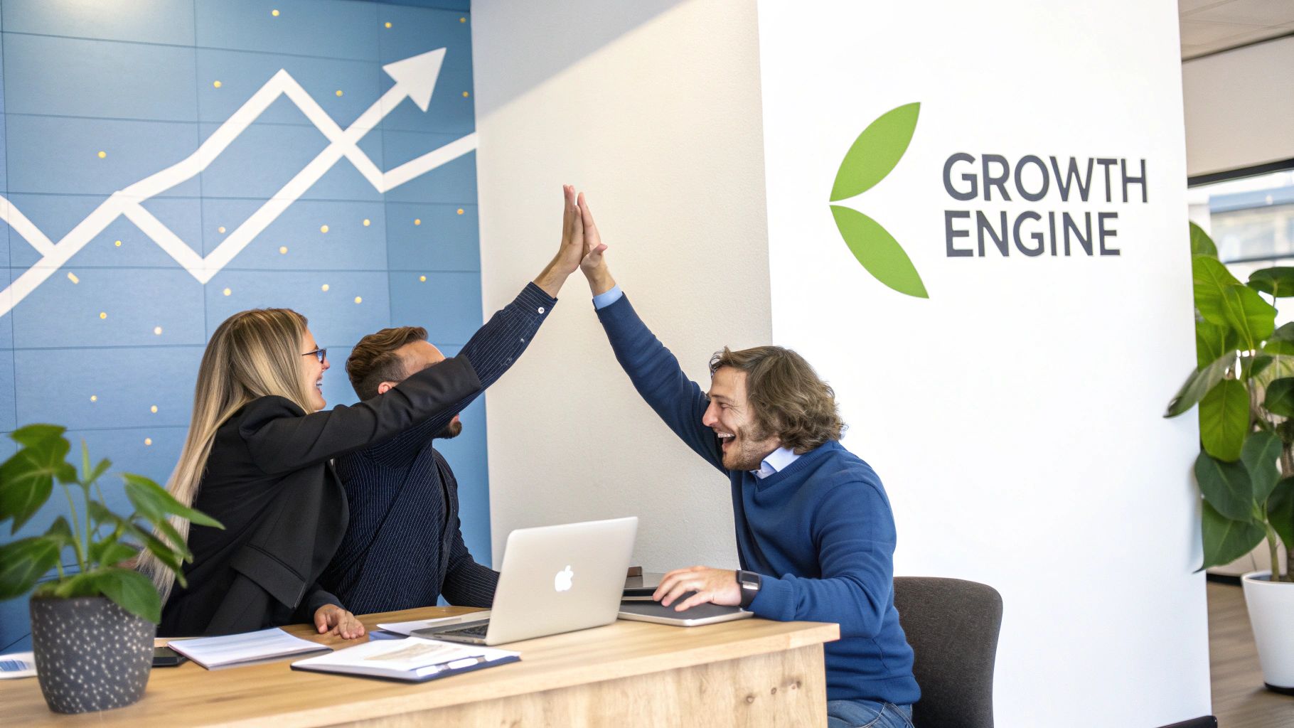 A group of diverse professionals collaborating around a table, mapping out a plan on a large sheet of paper, representing the creation of a client engagement plan.