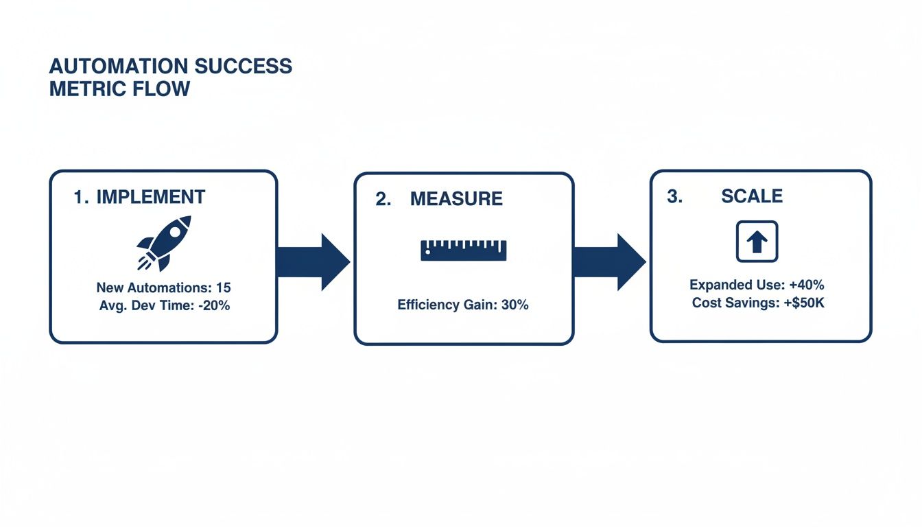Flowchart illustrating automation success metrics across implement, measure, and scale stages with key results.