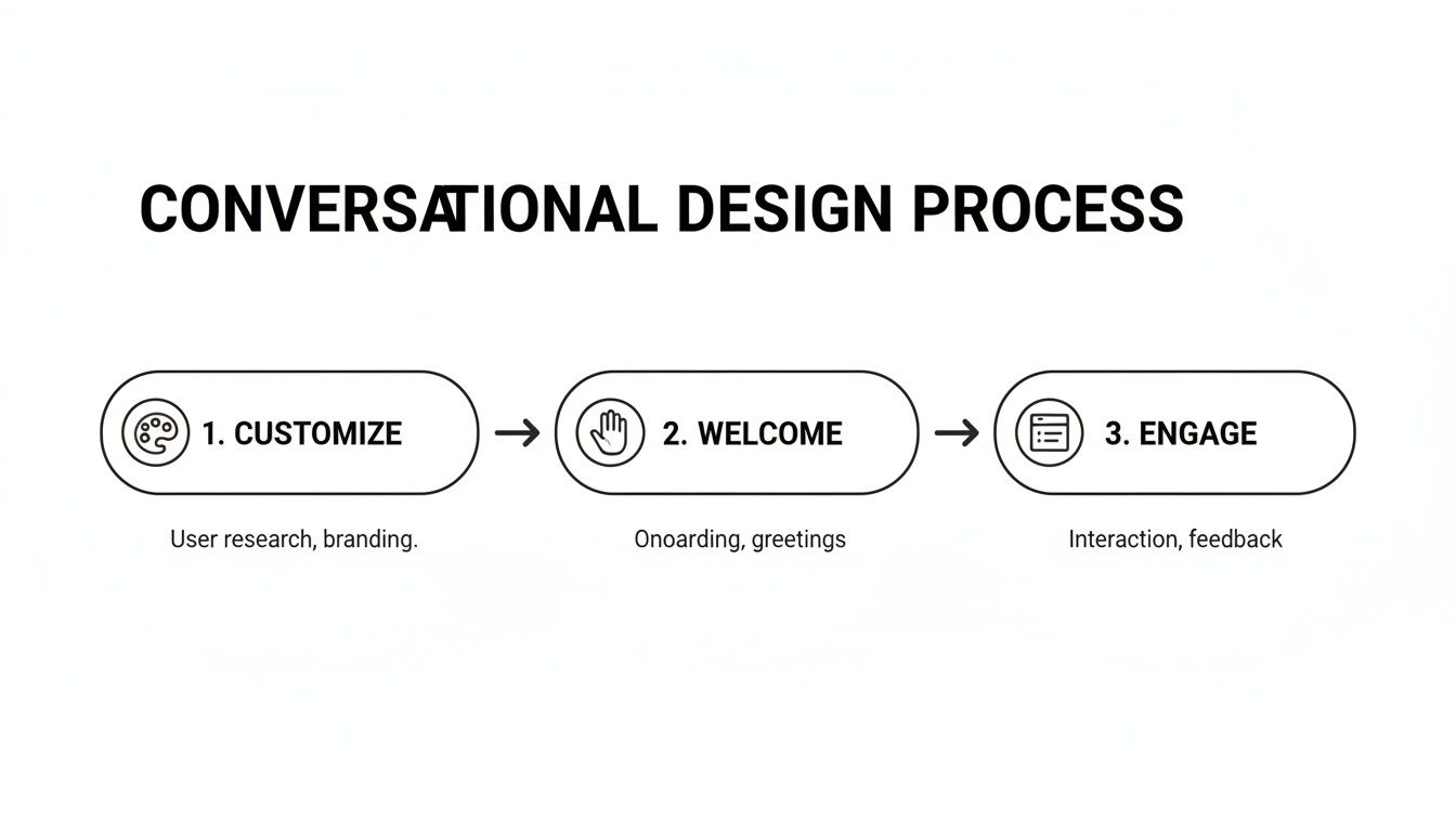 A flowchart illustrates the three-step conversational design process: Customize, Welcome, and Engage.