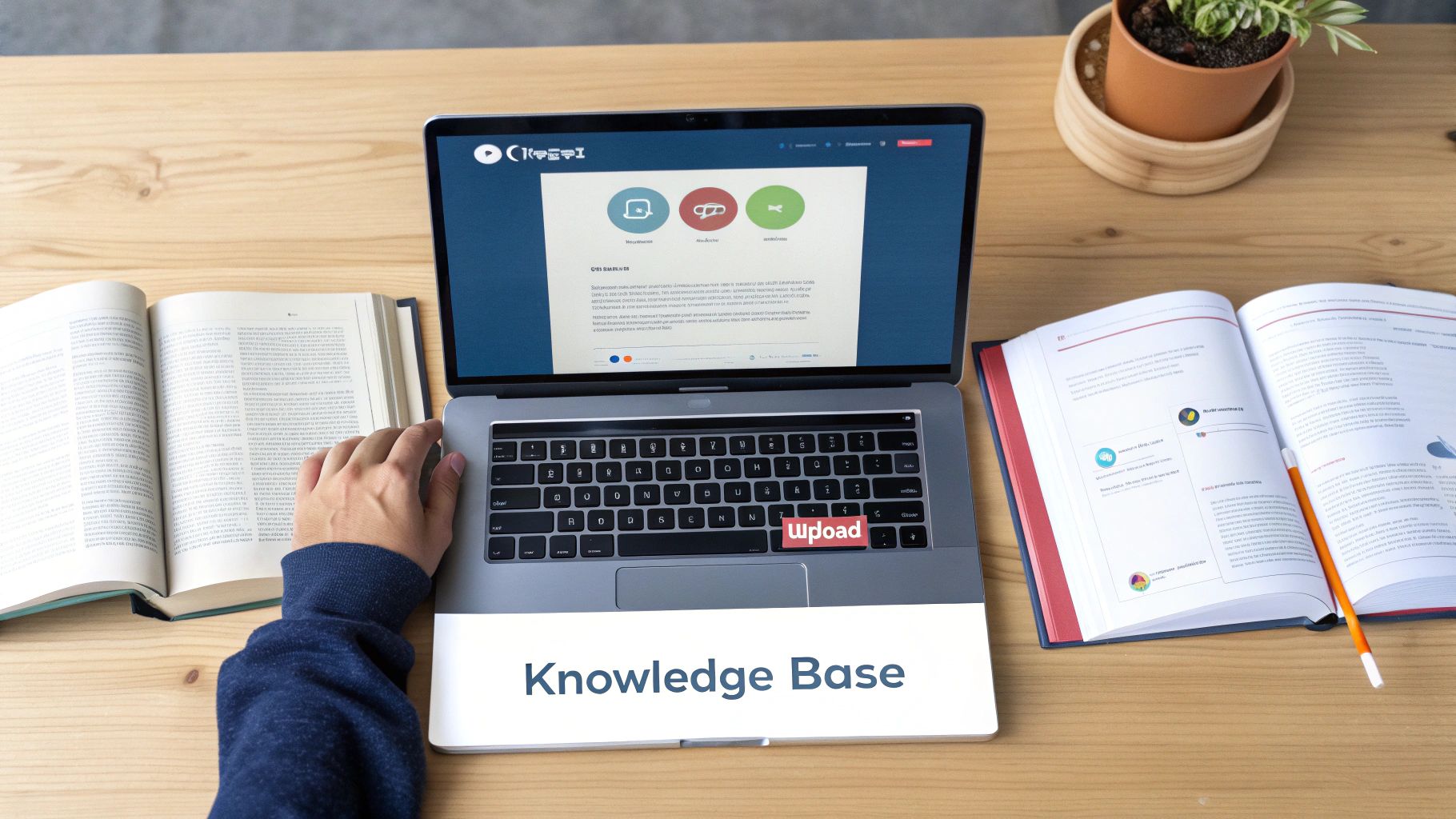 Overhead view of a person using a laptop displaying a knowledge base, with open books on a wooden desk.