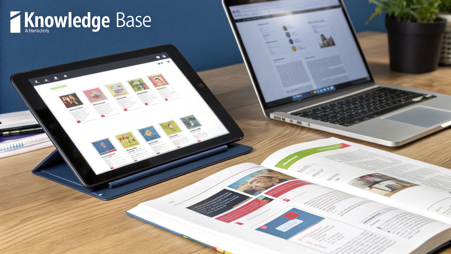 Knowledge Base logo with tablet, laptop, and open book on a desk, representing digital learning.
