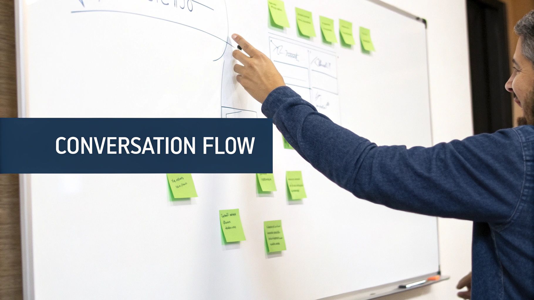 A person pointing at a whiteboard with diagrams and sticky notes, illustrating a conversation flow.