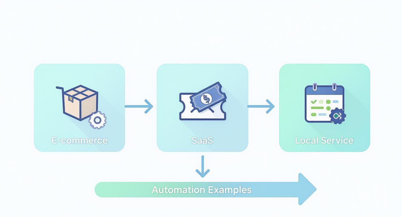 Flowchart illustrating a business process, connecting E-commerce, SaaS, and Local Service with automation examples.