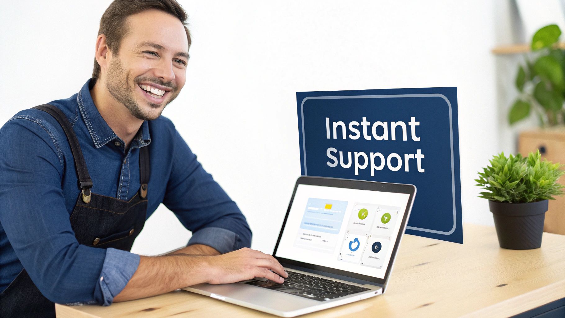 Smiling man in apron working on a laptop, with an 'Instant support' sign behind him.