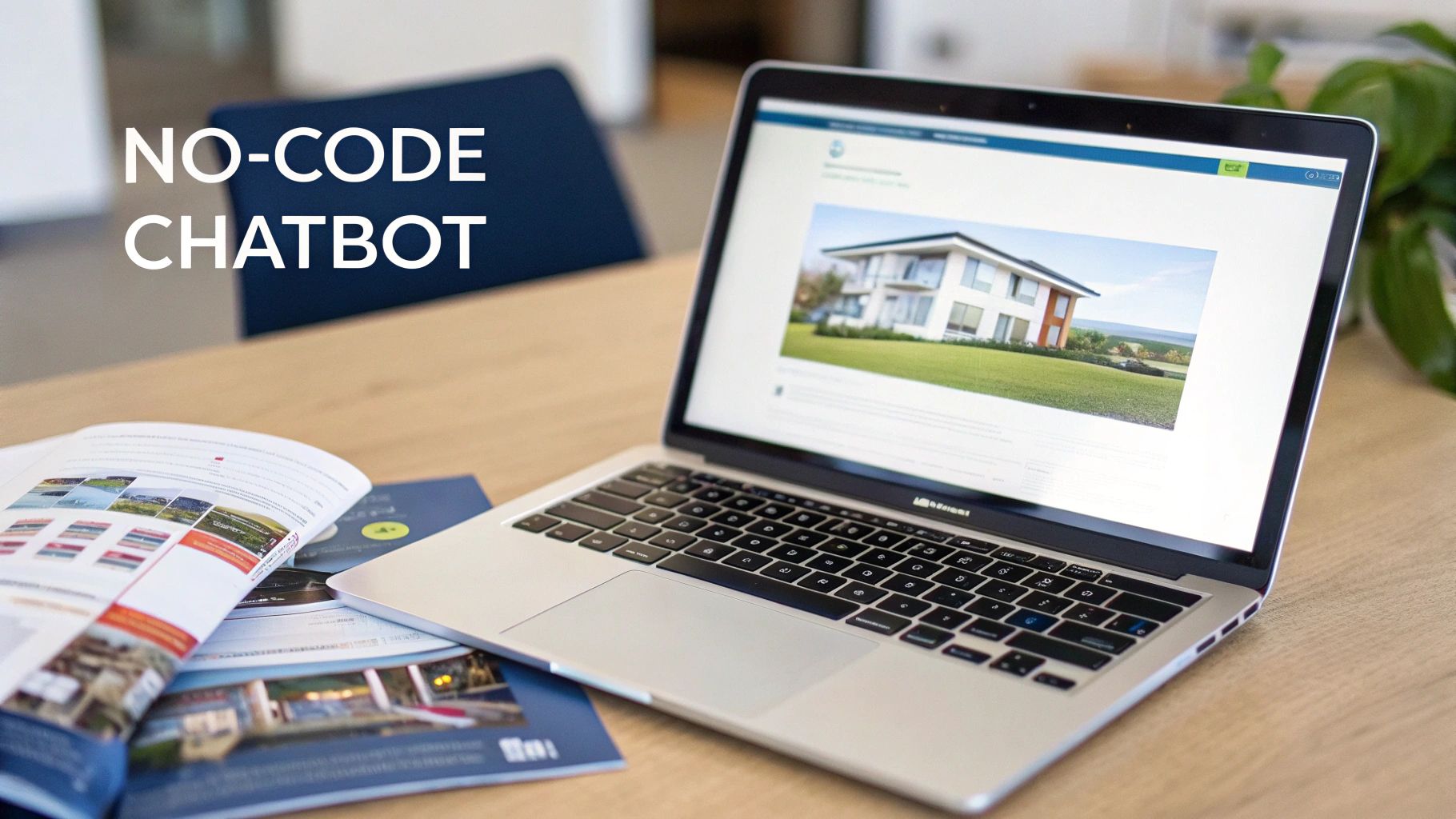 Laptop displaying a modern house and 'NO-CODE CHATBOT' text, with a real estate magazine on a wooden desk.