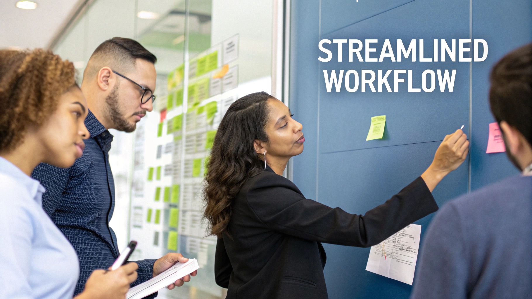 A team collaboratively mapping out a workflow on a whiteboard, using sticky notes to identify bottlenecks and redundant steps.