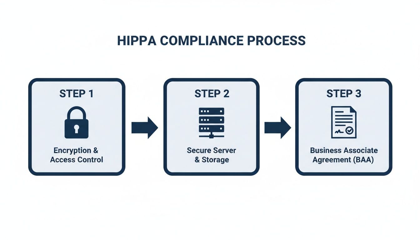 Diagram illustrating the HIPAA compliance process with three key steps: encryption, secure storage, and BAA.