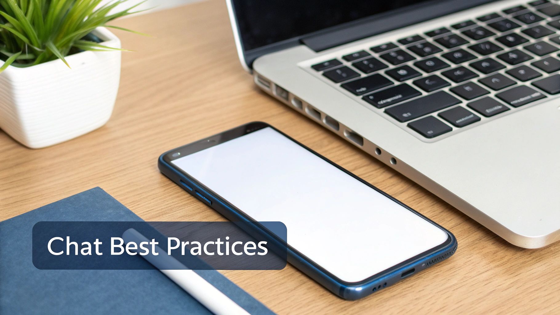 A smartphone, laptop, notebook, and plant on a wooden desk with 'Chat Best Practices' text overlay.