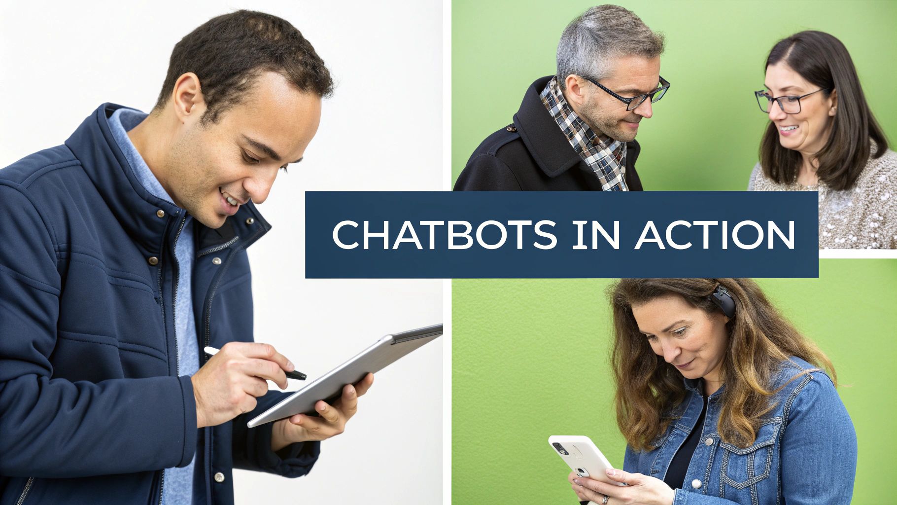 Diverse people interact with tablets and smartphones, demonstrating chatbots in action.