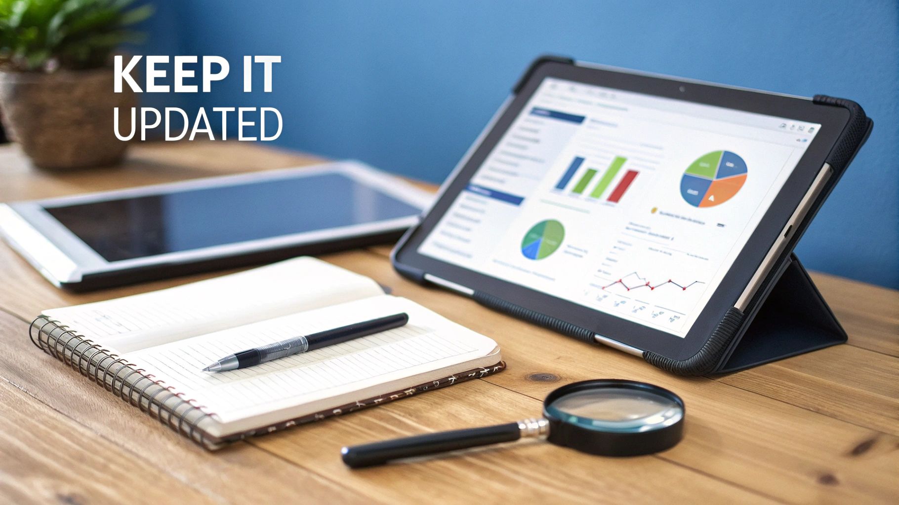 A tablet displaying business data charts and graphs on a wooden desk with a notebook, pen, and magnifying glass.