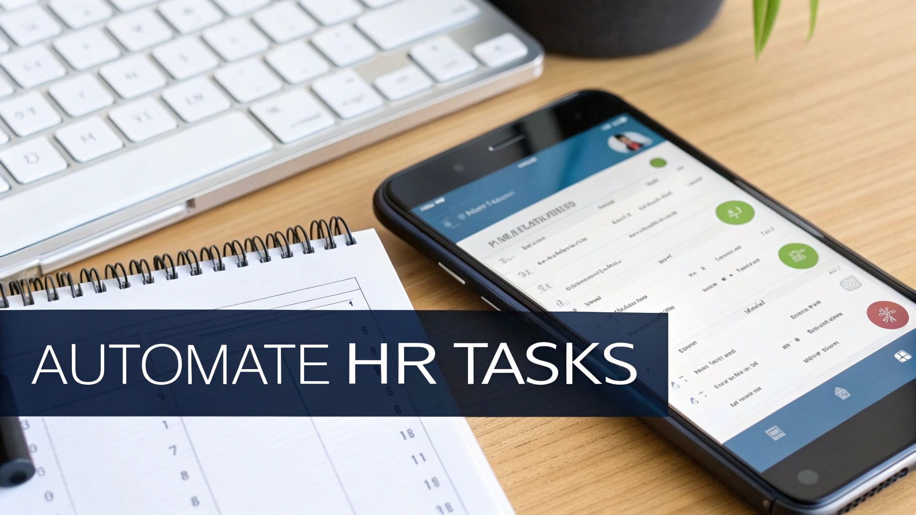A smartphone displaying an HR application next to a keyboard and notebook, with 'AUTOMATE HR TASKS' text overlay.