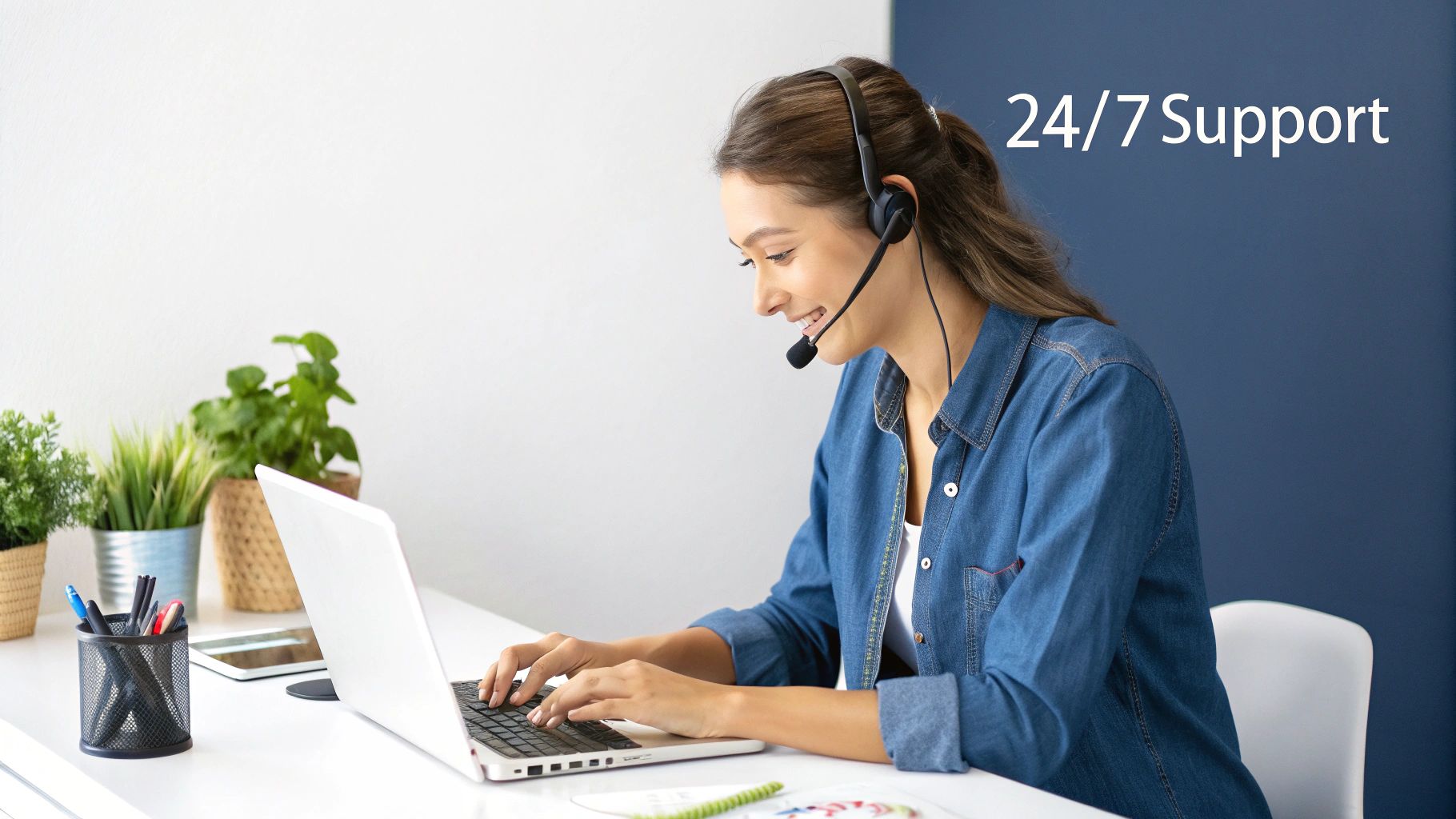 Smiling woman in a headset typing on a laptop, providing 24/7 support in a modern office.