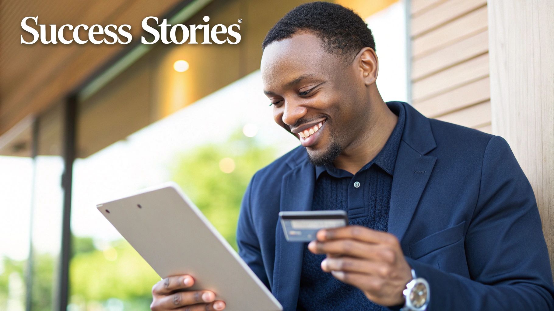 A small business owner smiling while reviewing positive chatbot analytics on a tablet.