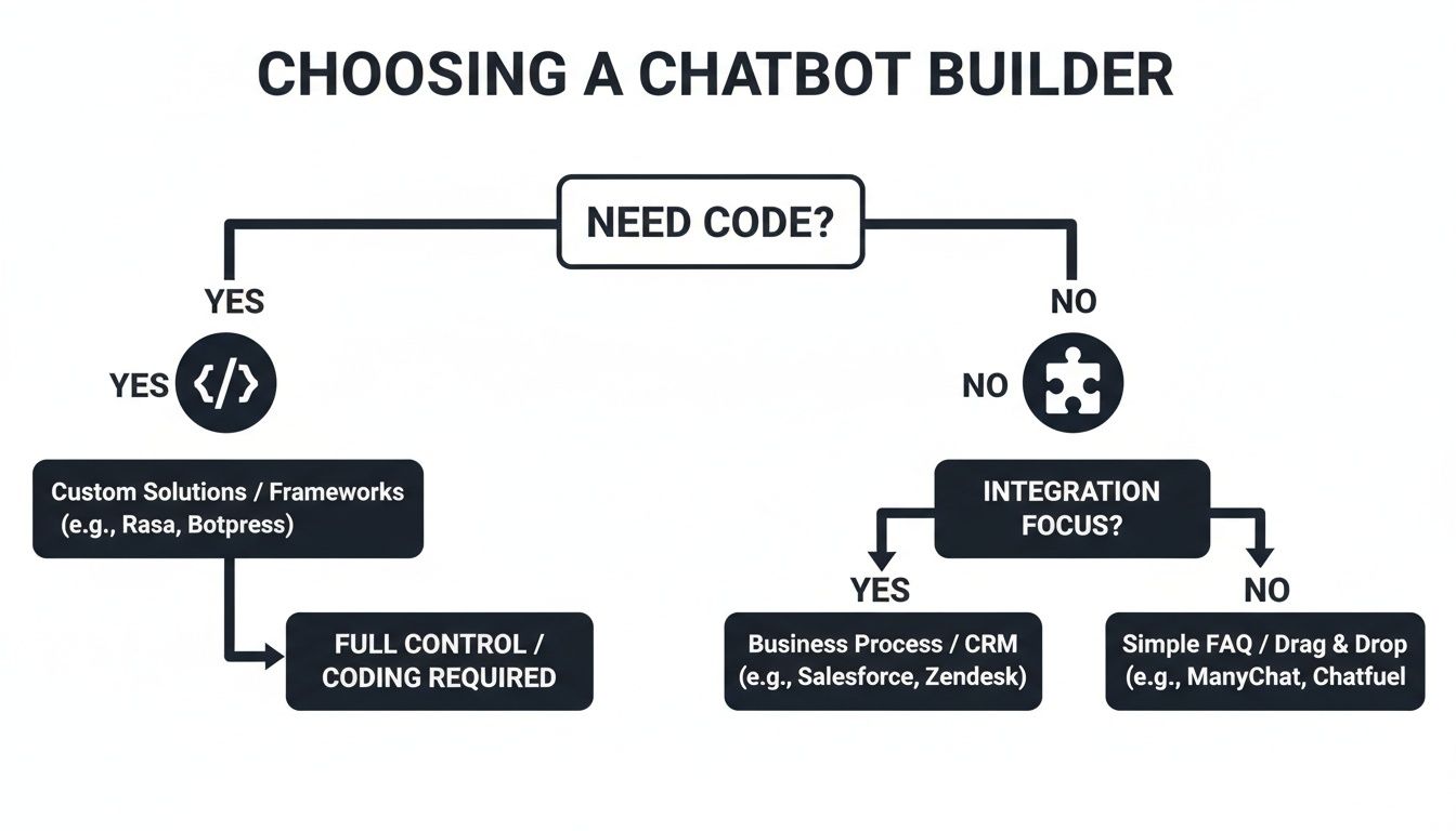 Flowchart guiding the choice of a chatbot builder based on coding requirements and integration needs.