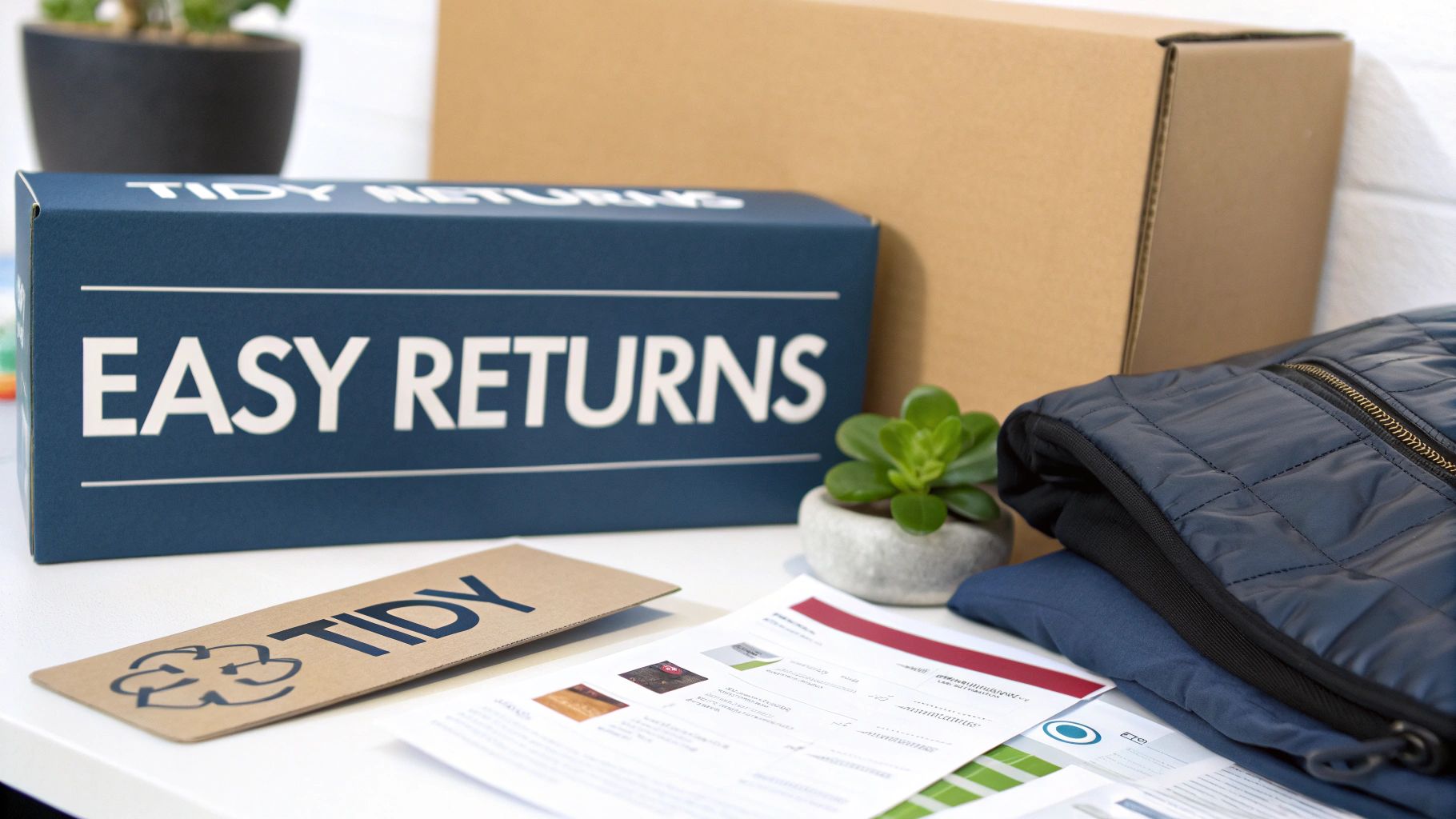 A blue box with 'EASY RETURNS' text, folded clothes, and packaging materials on a white desk.