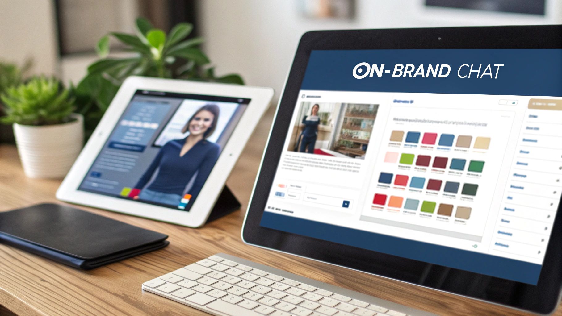 Two tablets on a wooden desk, one displaying a video call, the other an 'ON-BRAND CHAT' interface.