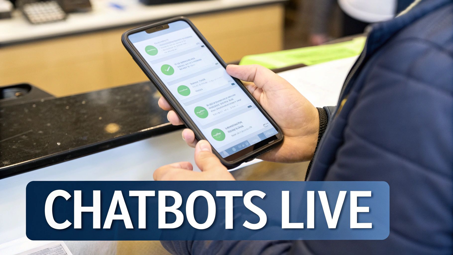 A person holds a smartphone displaying a live chatbot interface with green checkmarks and text.