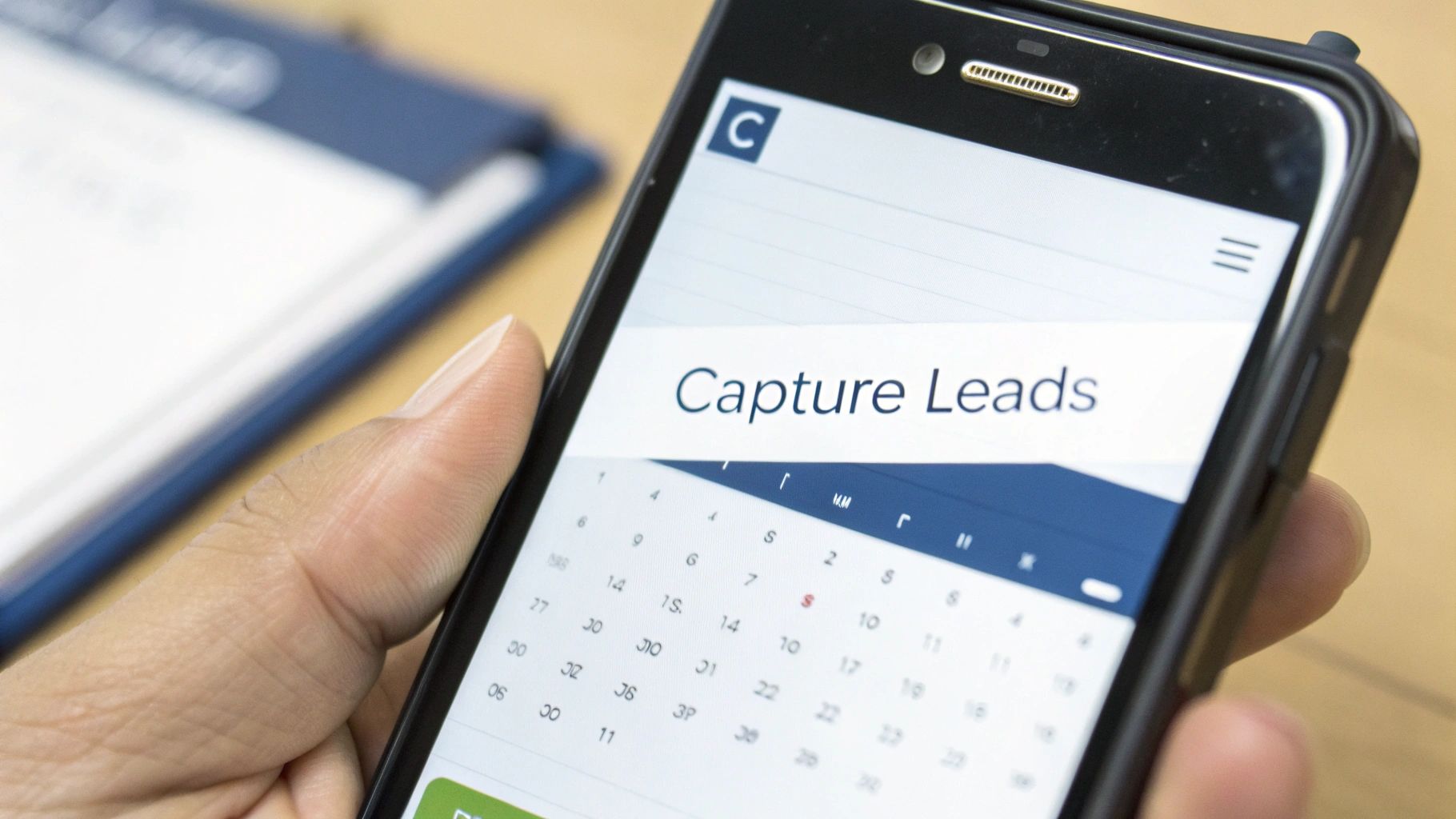 Close-up of a hand holding a smartphone displaying a business app for capturing leads.