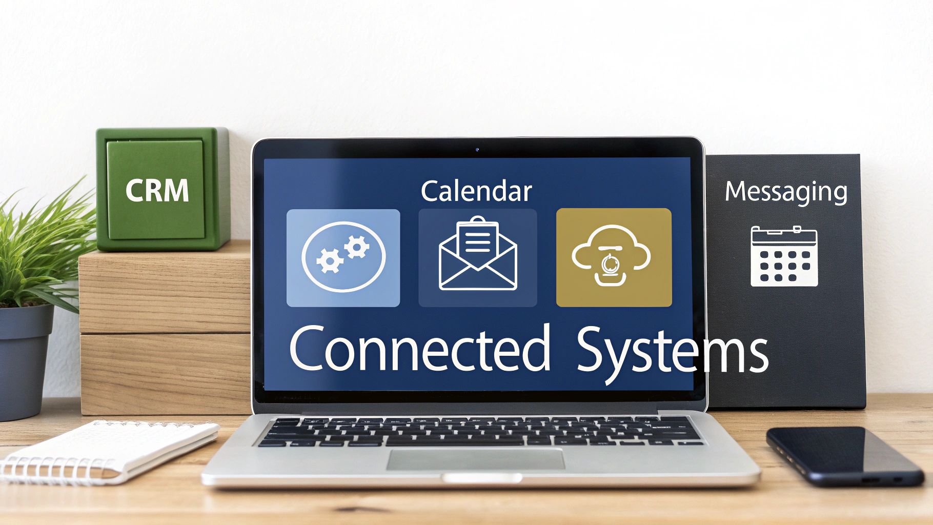 A laptop displays 'Connected Systems' icons, with a 'CRM' box and 'Messaging' board on a desk.