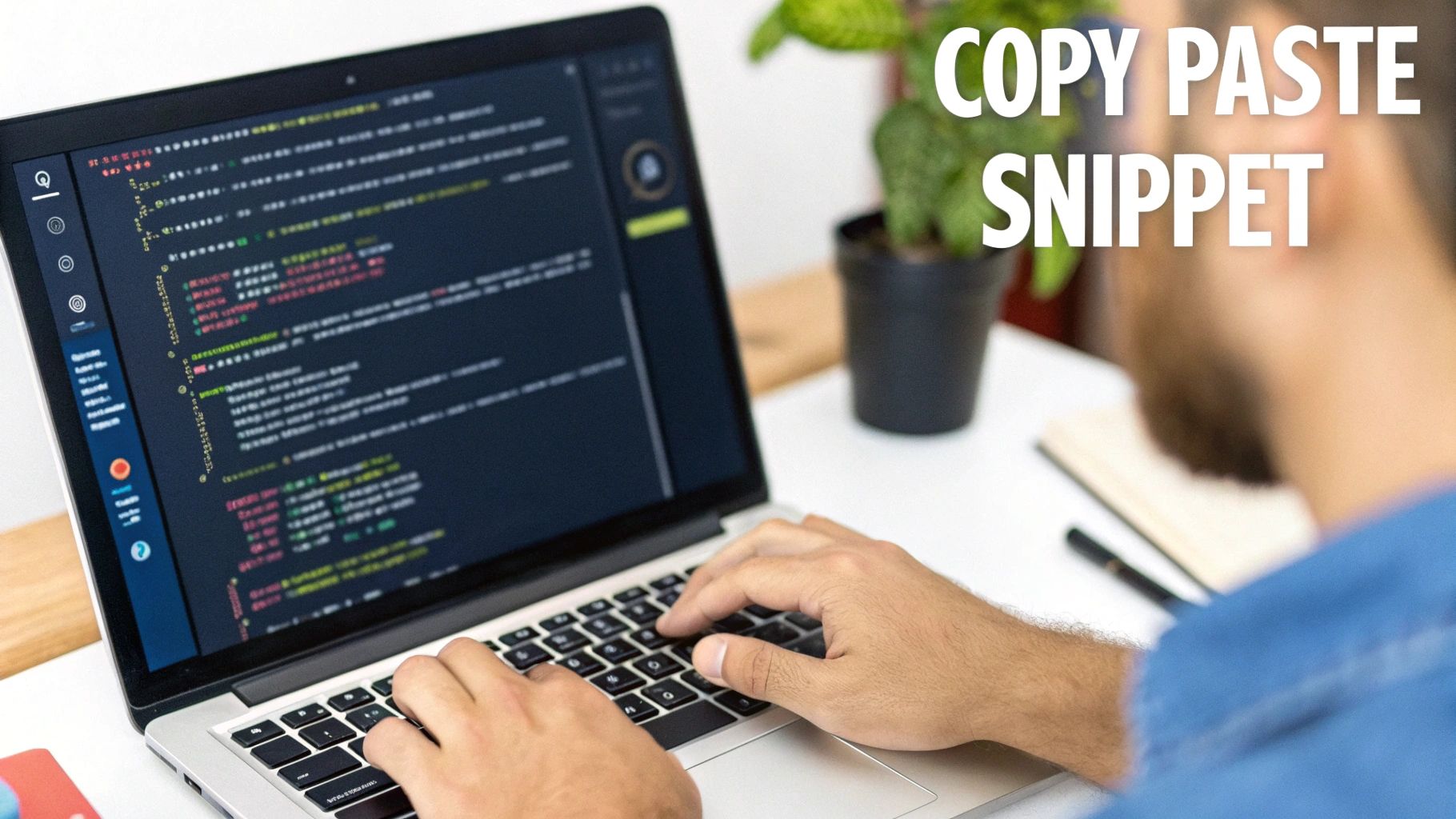 A person is shown typing on a laptop, displaying programming code on the screen.