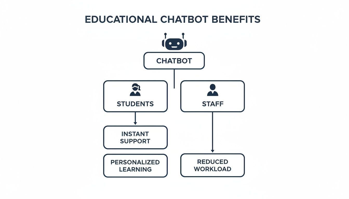 Flowchart illustrating educational chatbot benefits for students (instant support, personalized learning) and staff (reduced workload).
