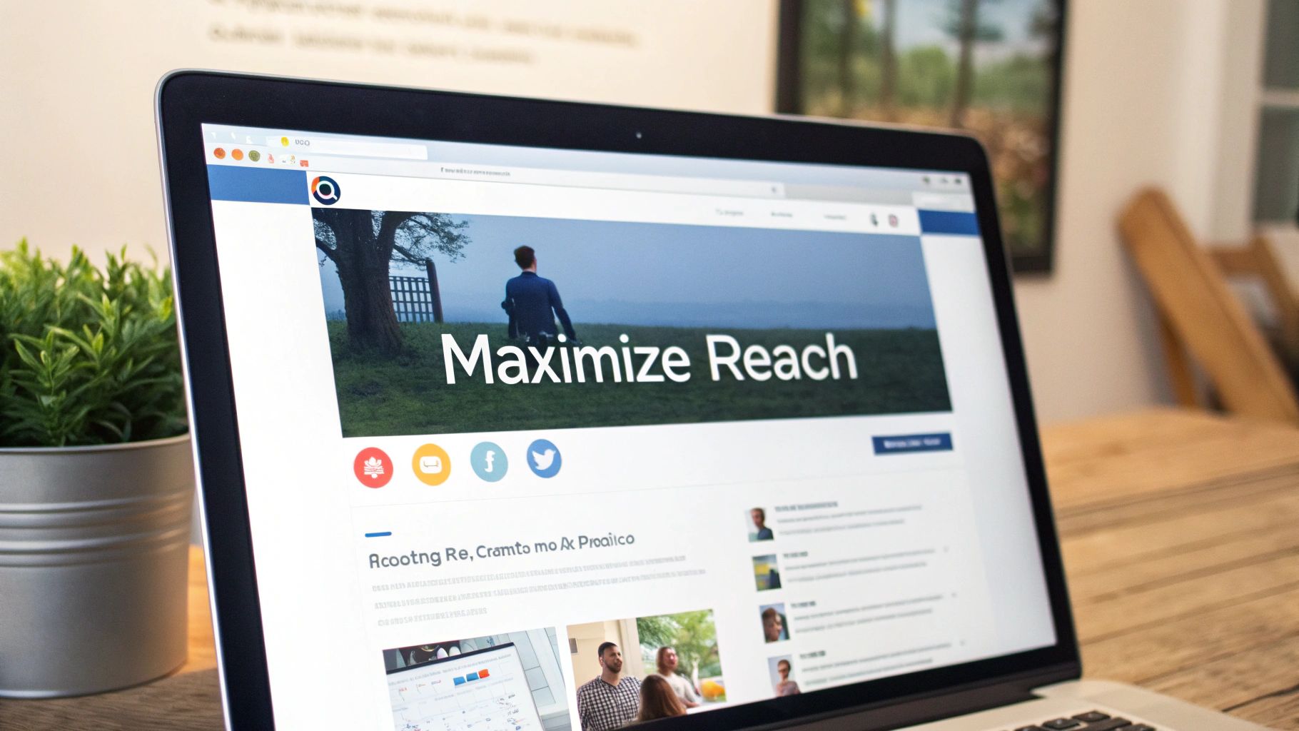 A laptop screen displays a website featuring 'Maximize Reach' text, social media icons, and blog articles.