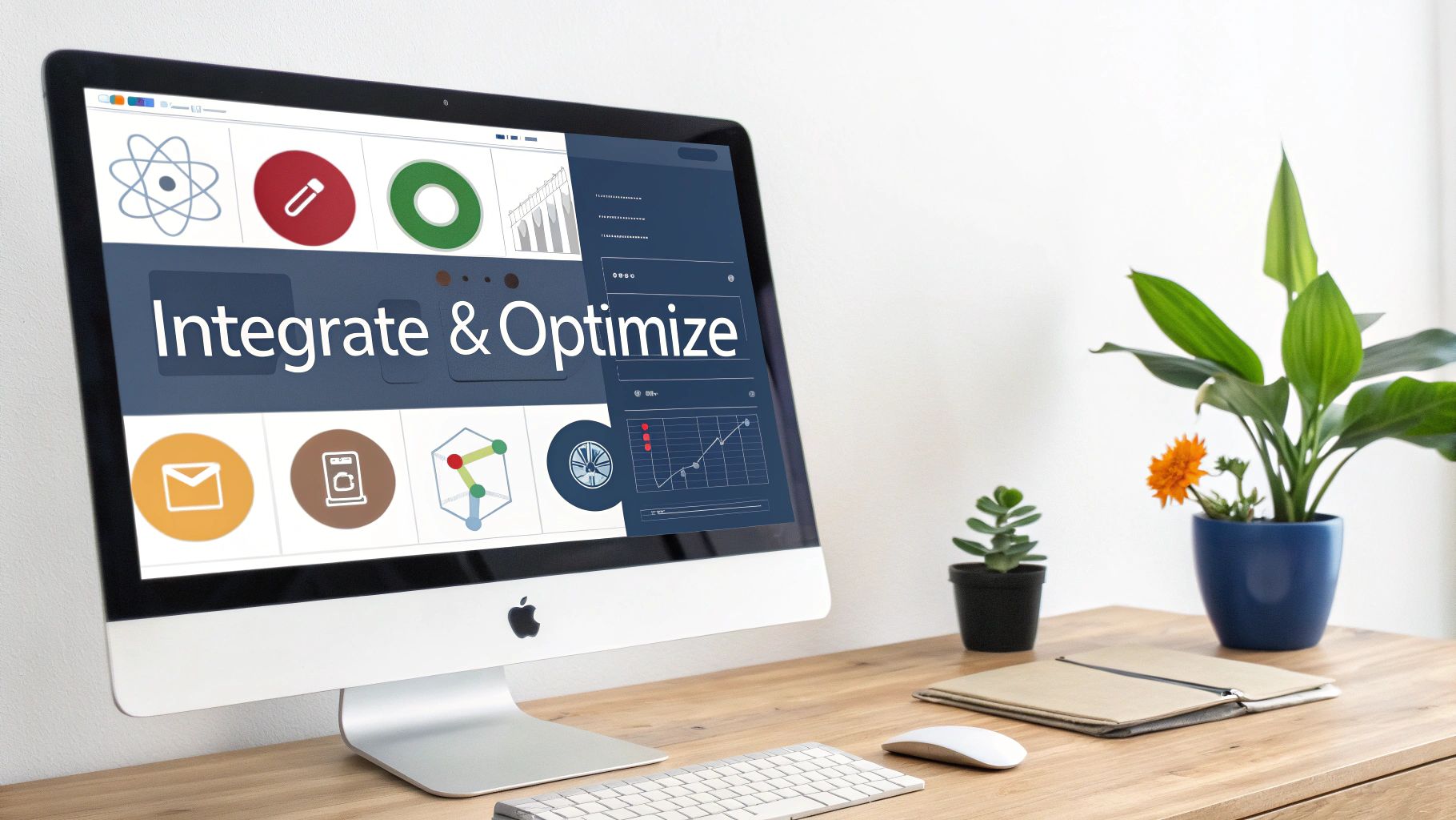 Modern desk with an iMac displaying 'Integrate & Optimize' data analytics and office plants.