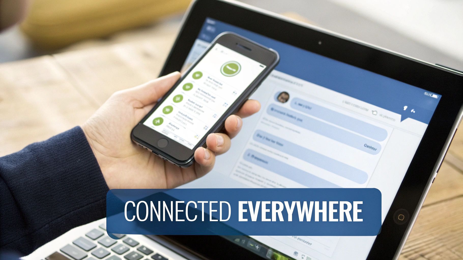 Close-up of a hand holding a smartphone while a tablet displays a messaging application.