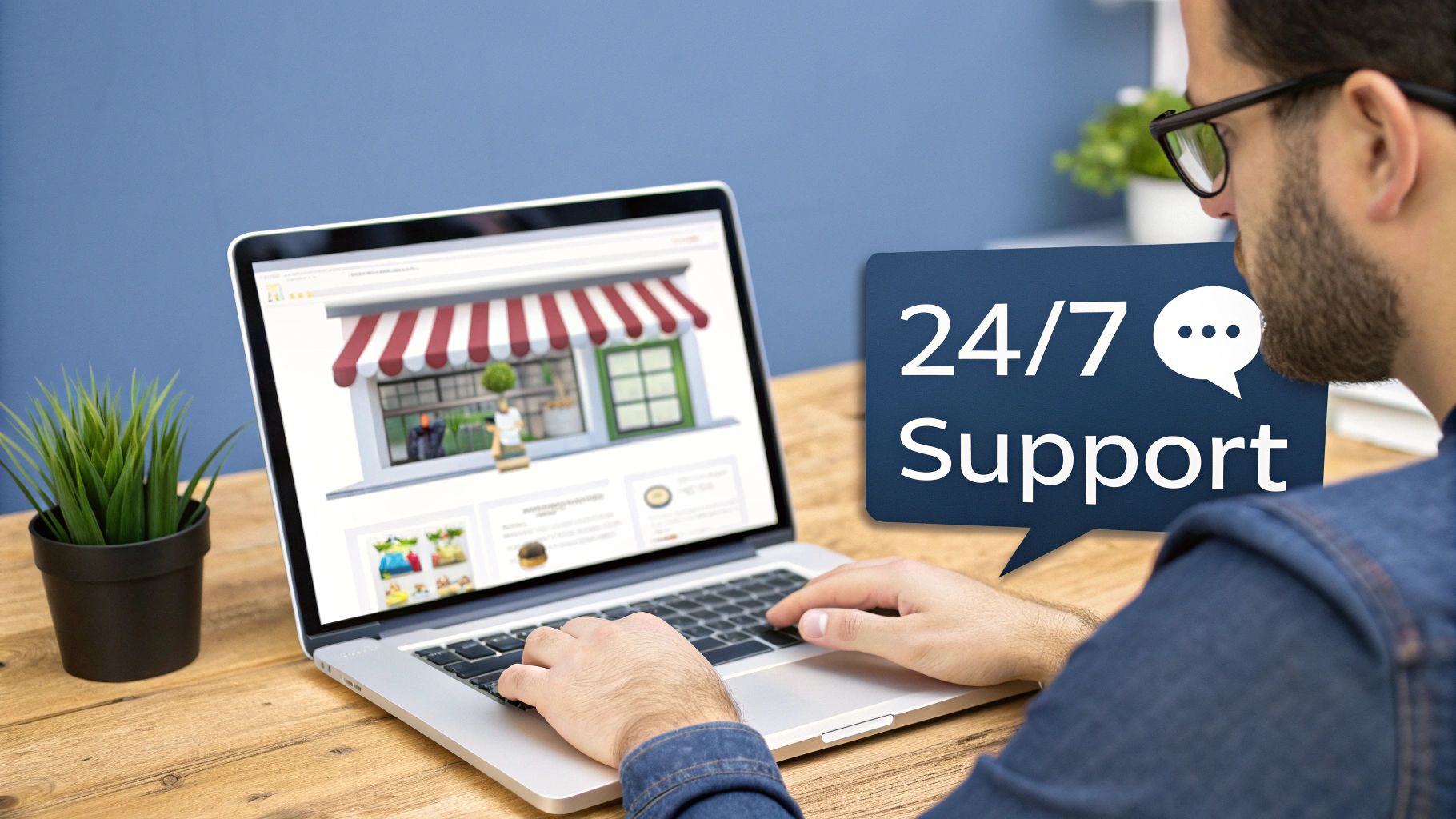 A person typing on a laptop with a website on screen, displaying a '24/7 Support' speech bubble.