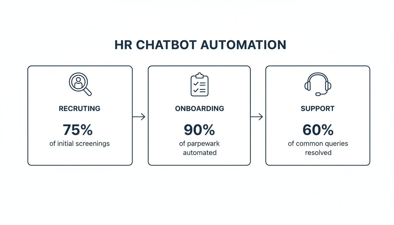 Diagram illustrating HR chatbot automation benefits in recruiting, onboarding, and support functions with percentages.