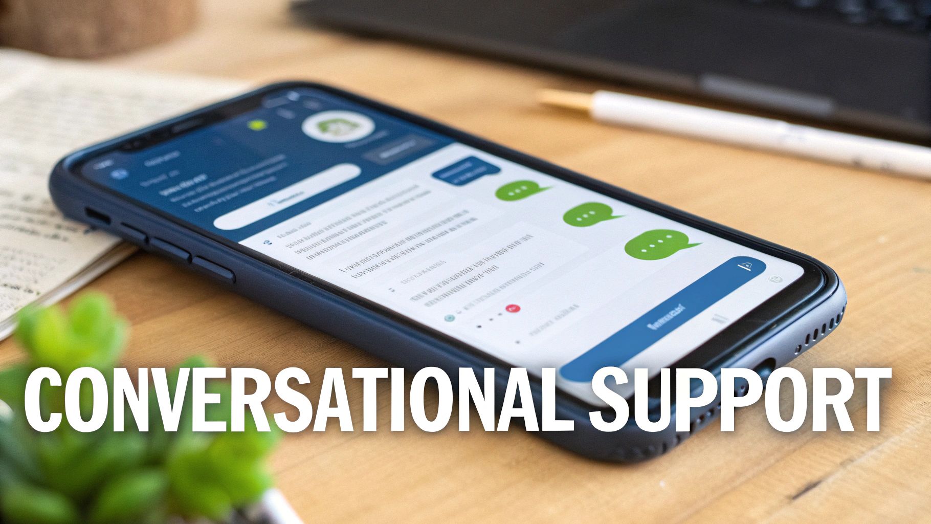 A smartphone displaying a chat support application rests on a wooden desk, offering conversational assistance.