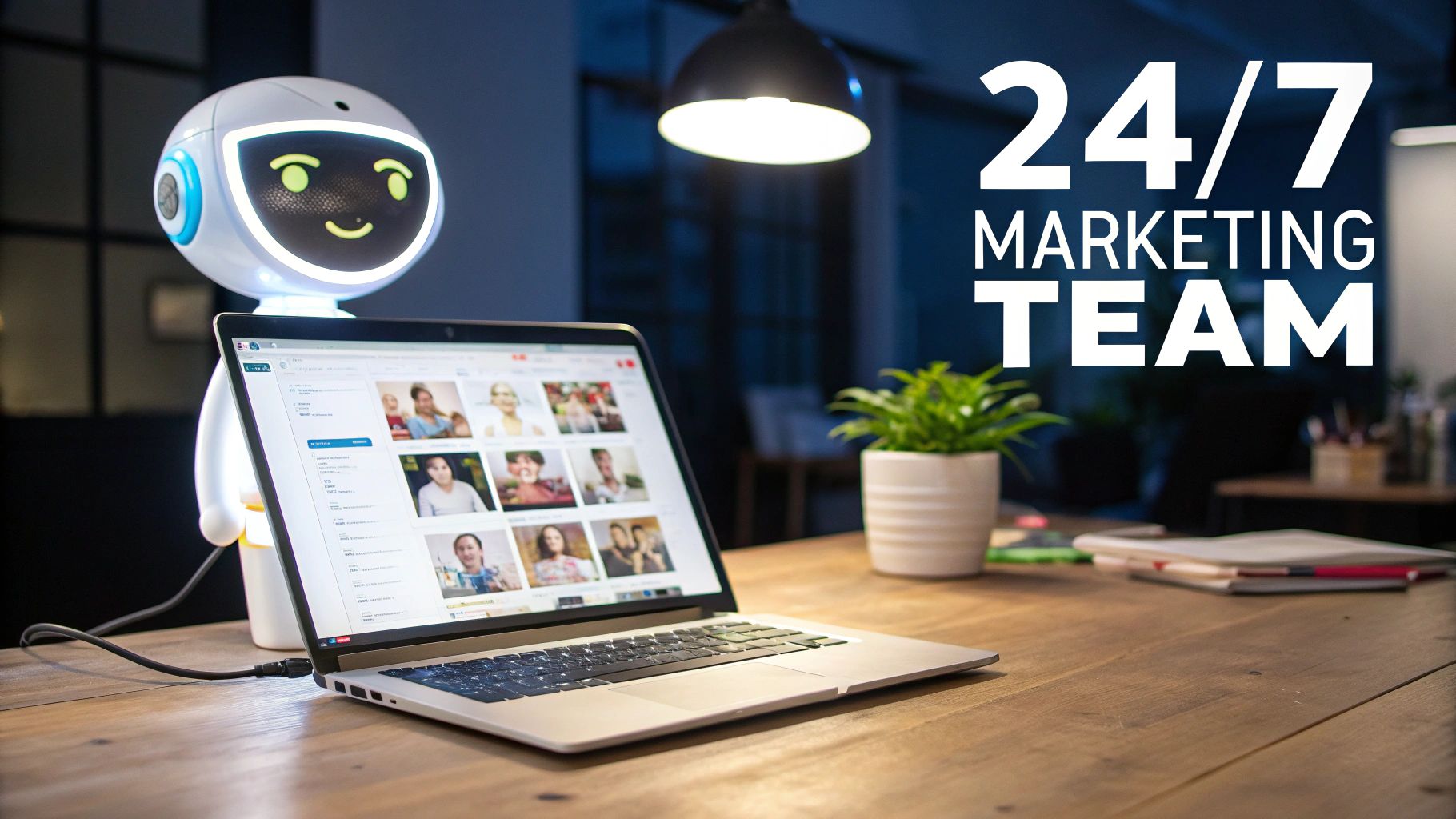 A marketing professional interacting with a chatbot on a large screen, symbolizing the integration of AI in marketing strategies.