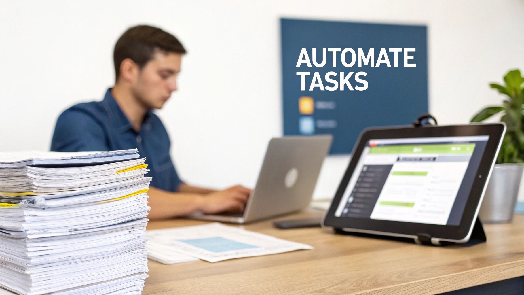 A man works on a laptop and tablet, with a large stack of papers and an 'Automate Tasks' sign.