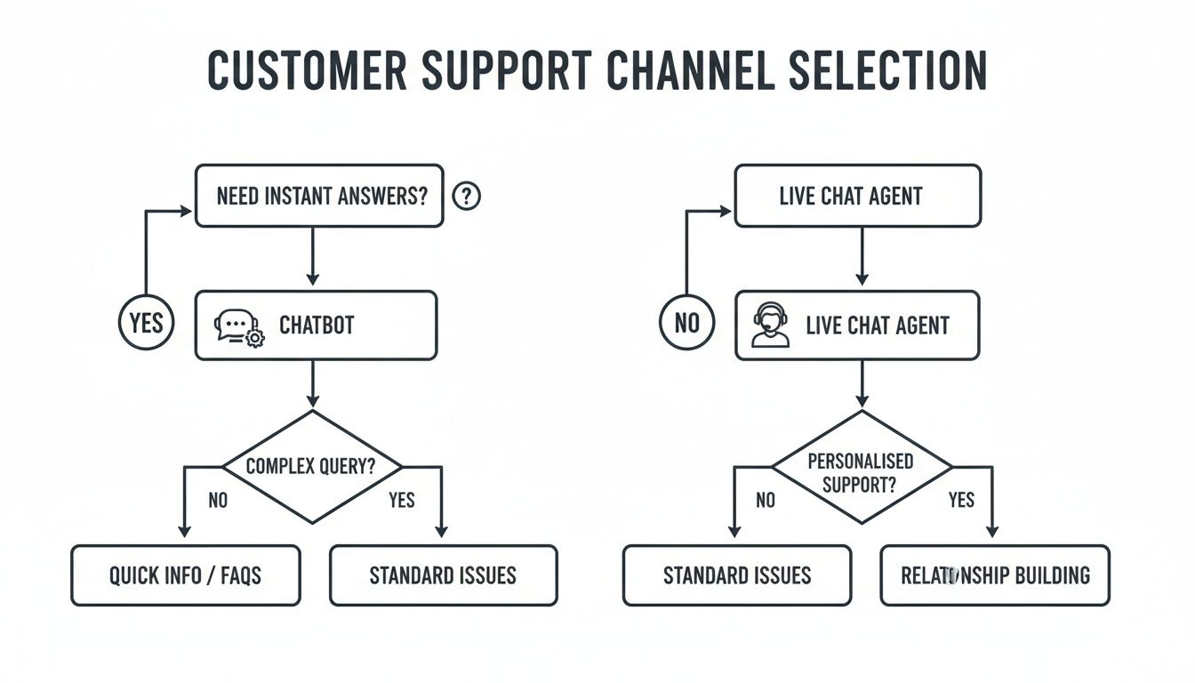 Flowchart comparing customer support channel selection between chatbots and live chat agents.
