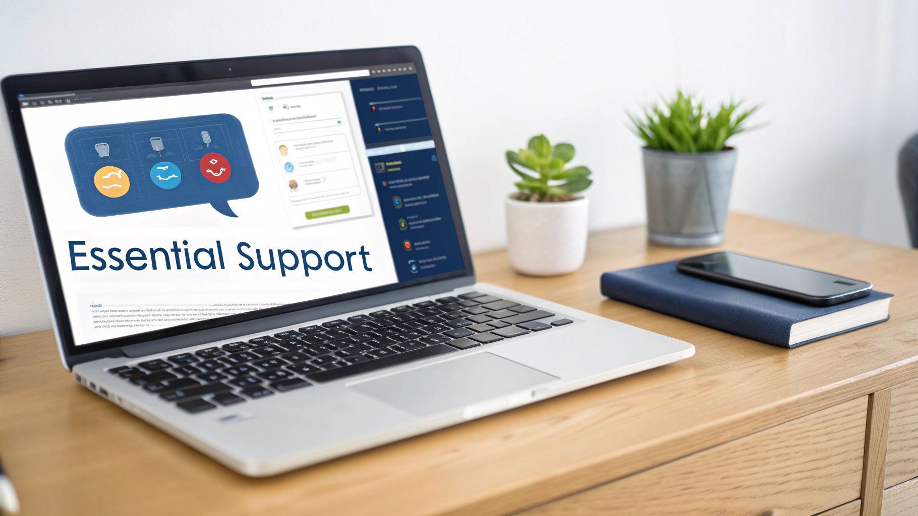 A laptop displaying 'Essential Support' with an icon bubble, a phone on a notebook, and plants on a wooden desk.