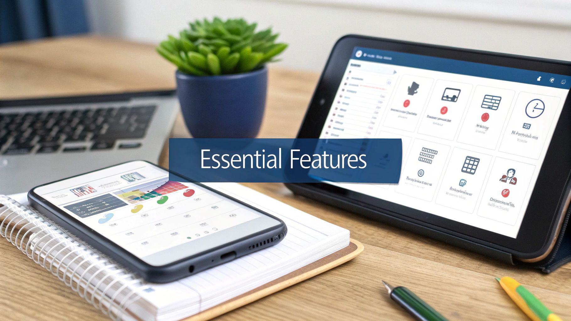 A person interacting with a chatbot on a smartphone, showing key features like scheduling and CRM integration.