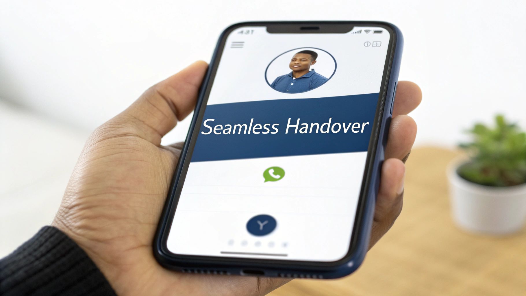 Person holding smartphone displaying seamless handover customer service interface with chat and profile options