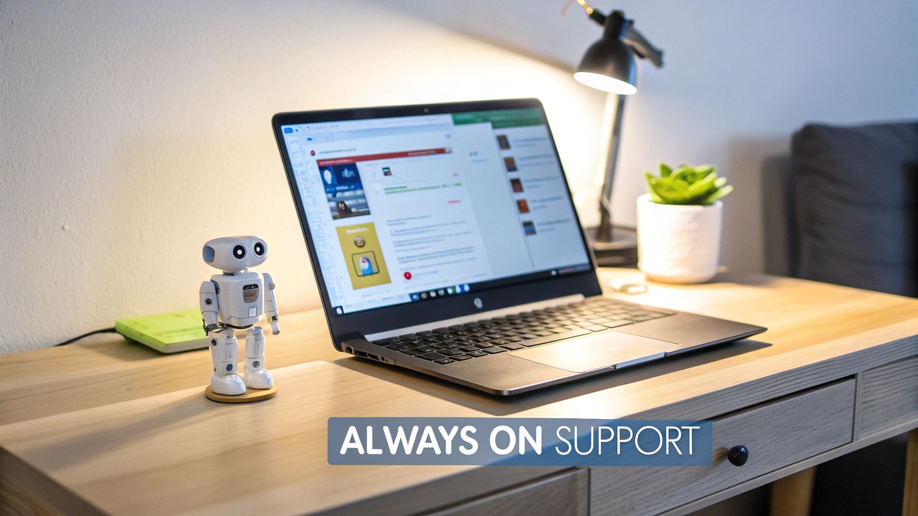Modern laptop on wooden desk with robot figurine and lamp offering customer support services