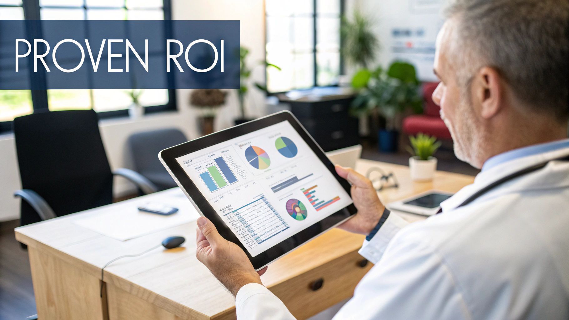 A healthcare professional reviews 'PROVEN ROI' data on a tablet with charts and graphs.