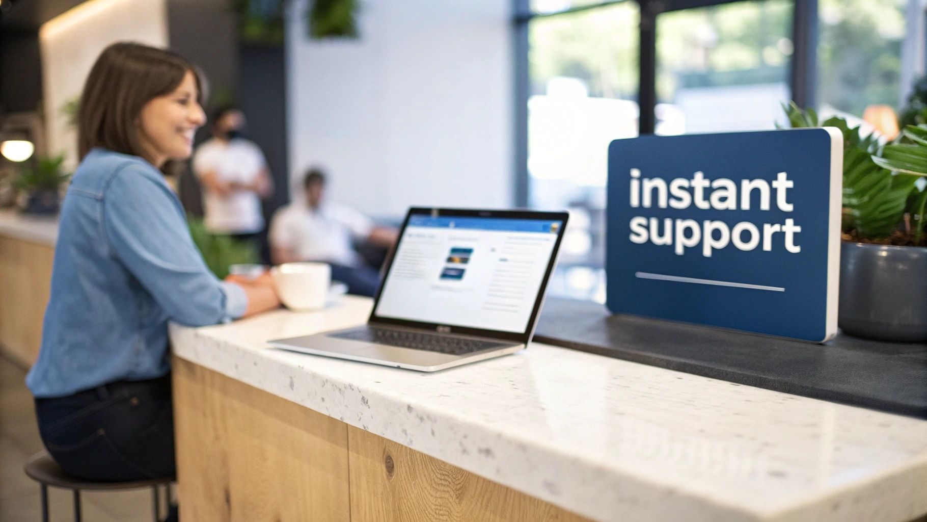 A smiling woman works on a laptop at a counter with an 'instant support' sign.