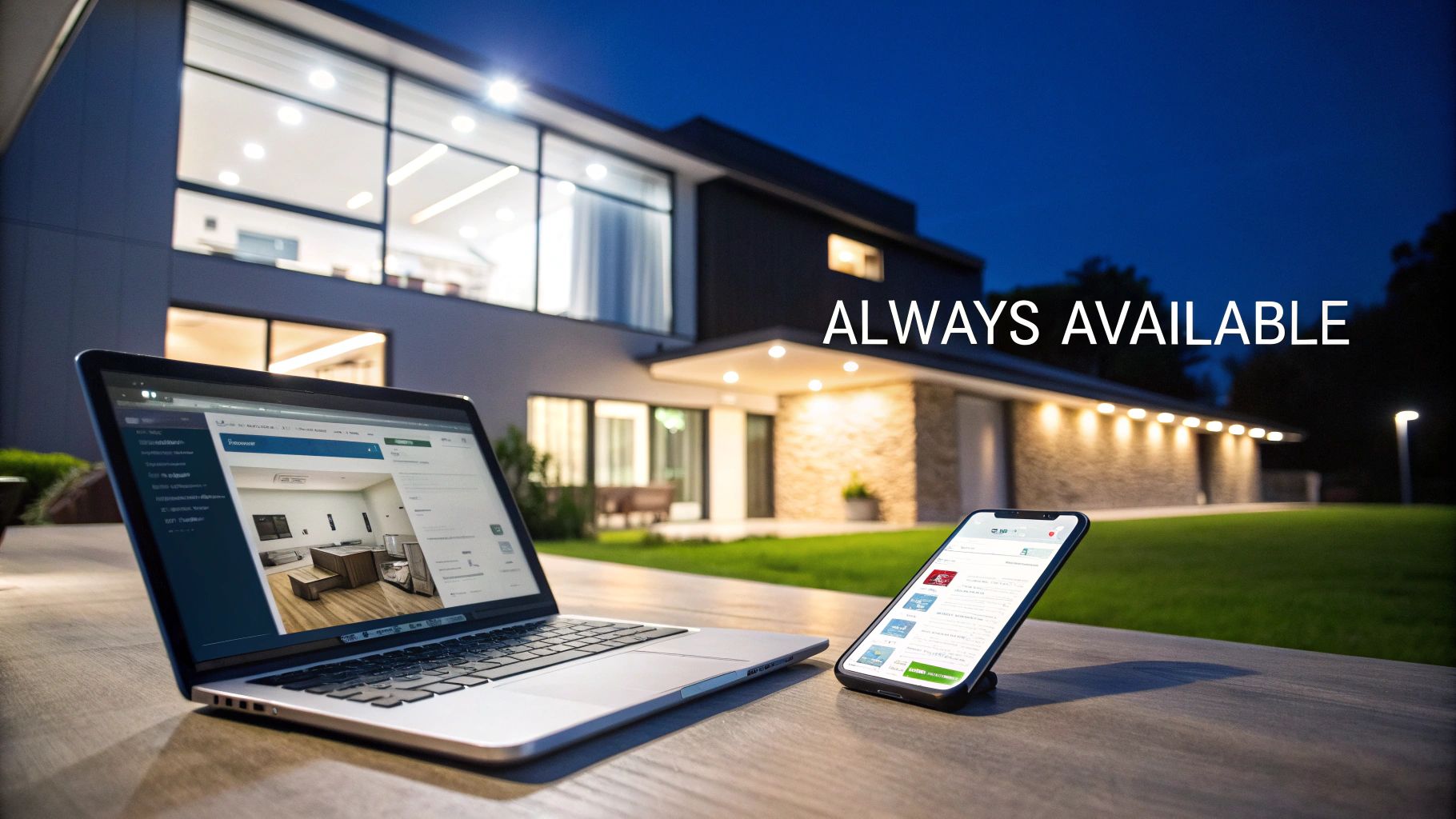 Laptop and smartphone displaying real estate listings outside a modern, well-lit house at night.