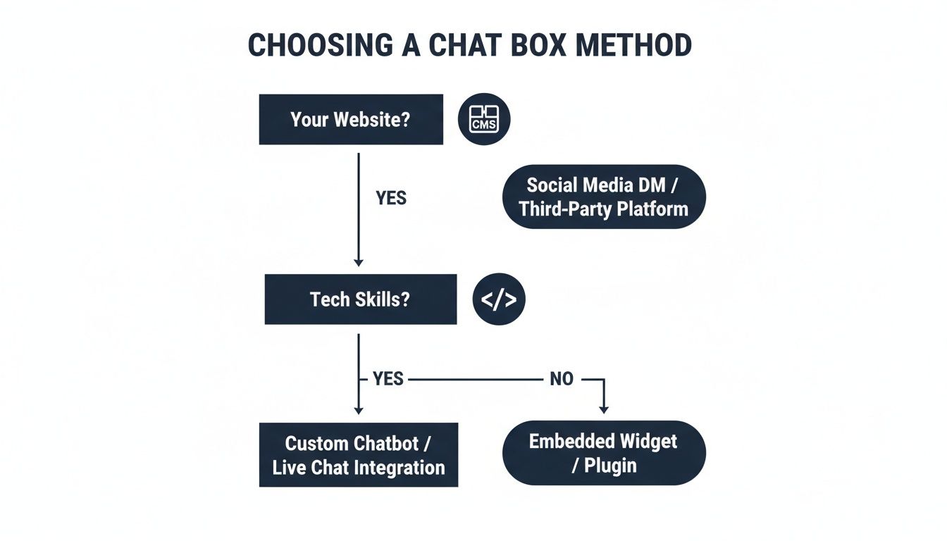 A flowchart illustrating how to select a chat box method for a website based on technical expertise.