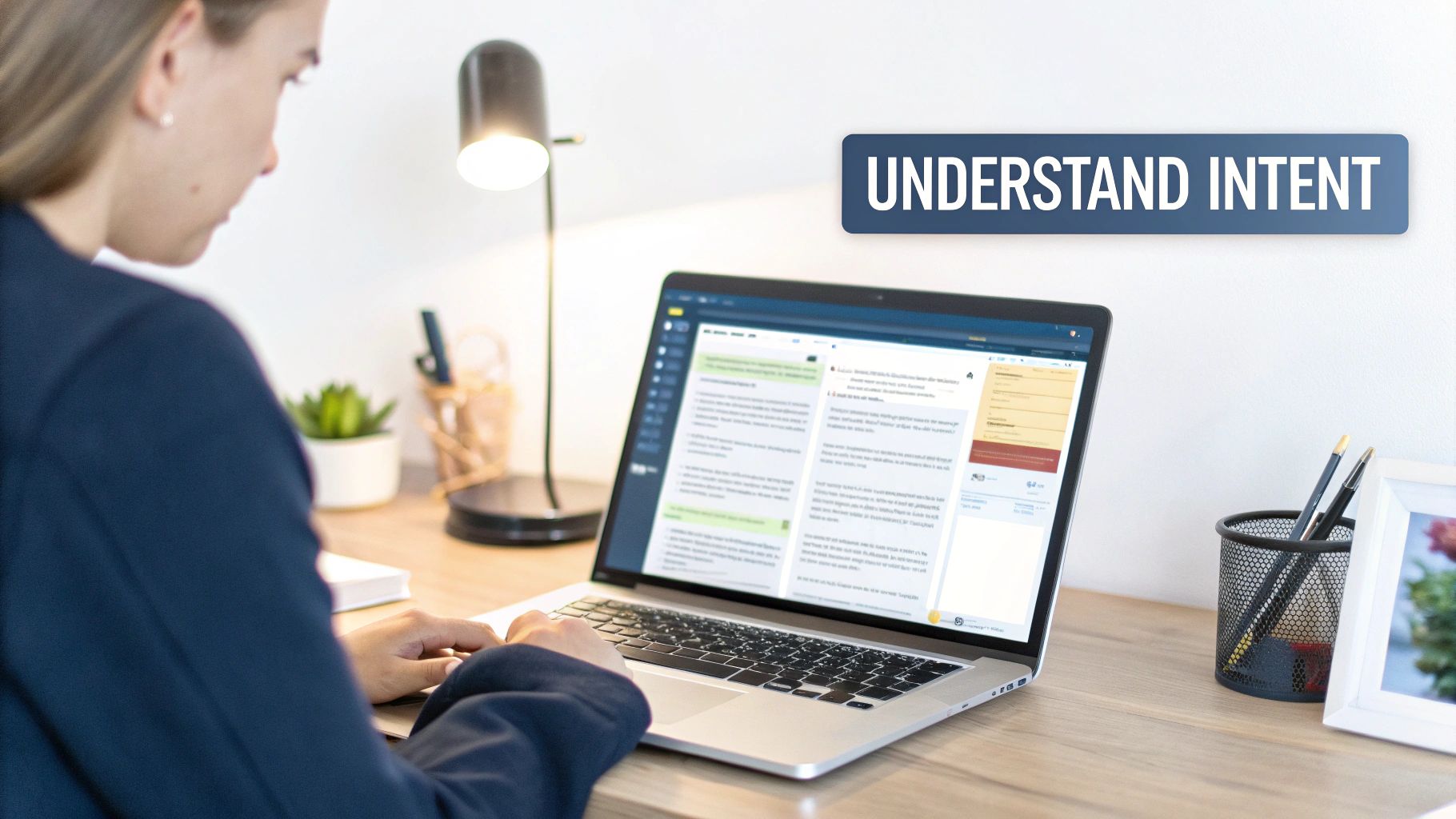 A person works on a laptop displaying a chatbot interface with 'Understand Intent' on a wooden desk.