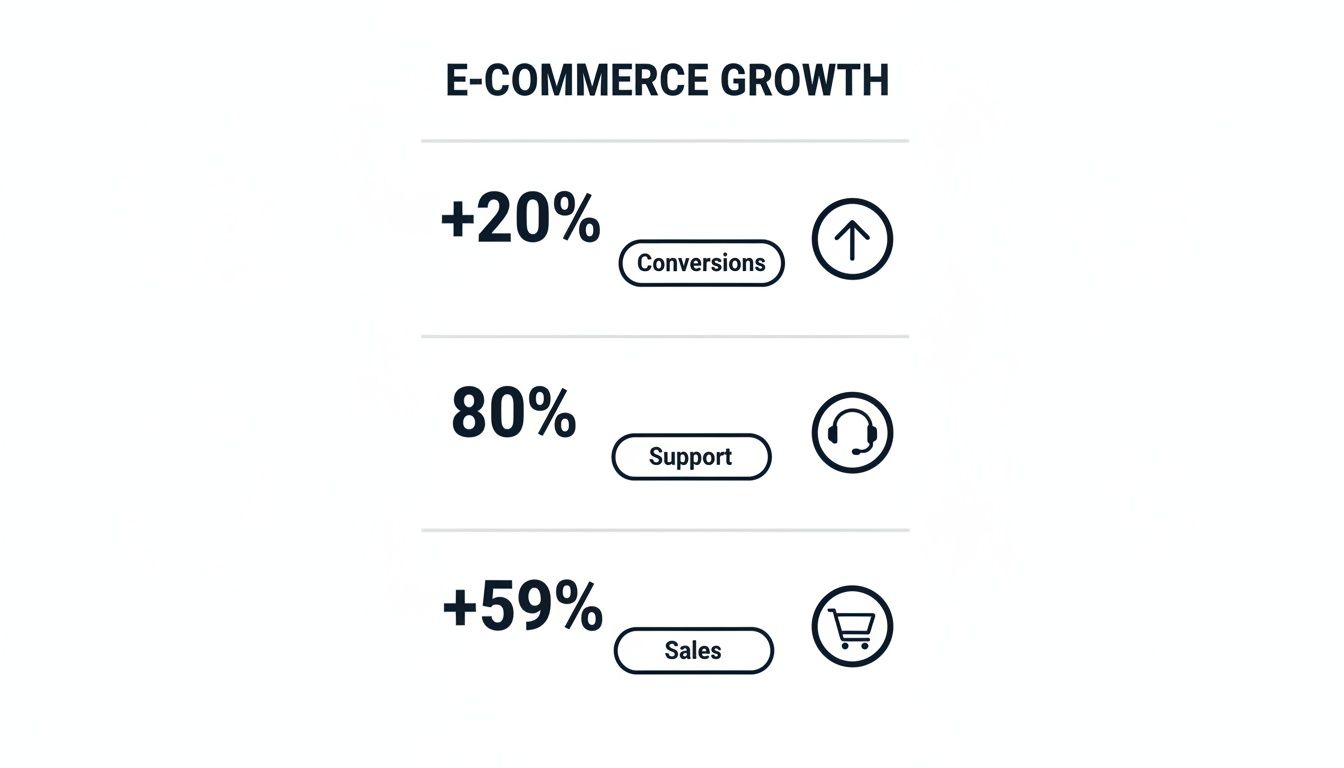 An infographic showing e-commerce growth statistics: +20% conversions, 80% support, and +59% sales.
