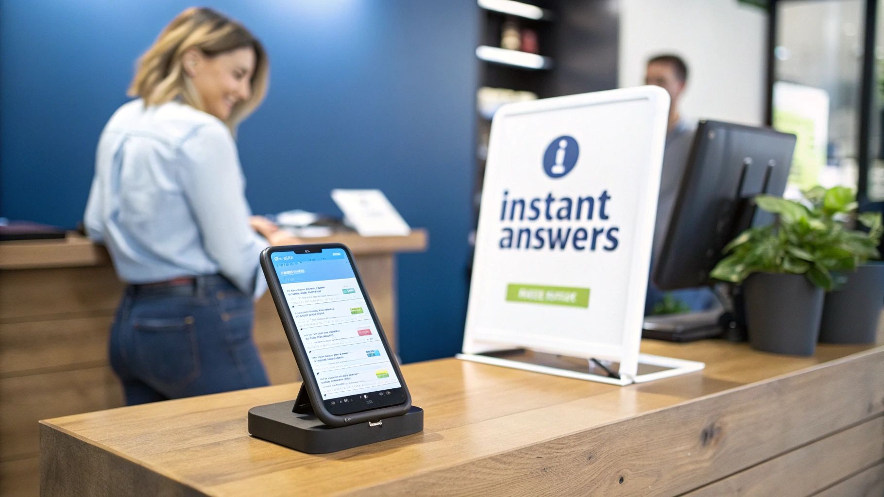 Smartphone displaying 'instant answers' app on a service counter with a staff member in background.