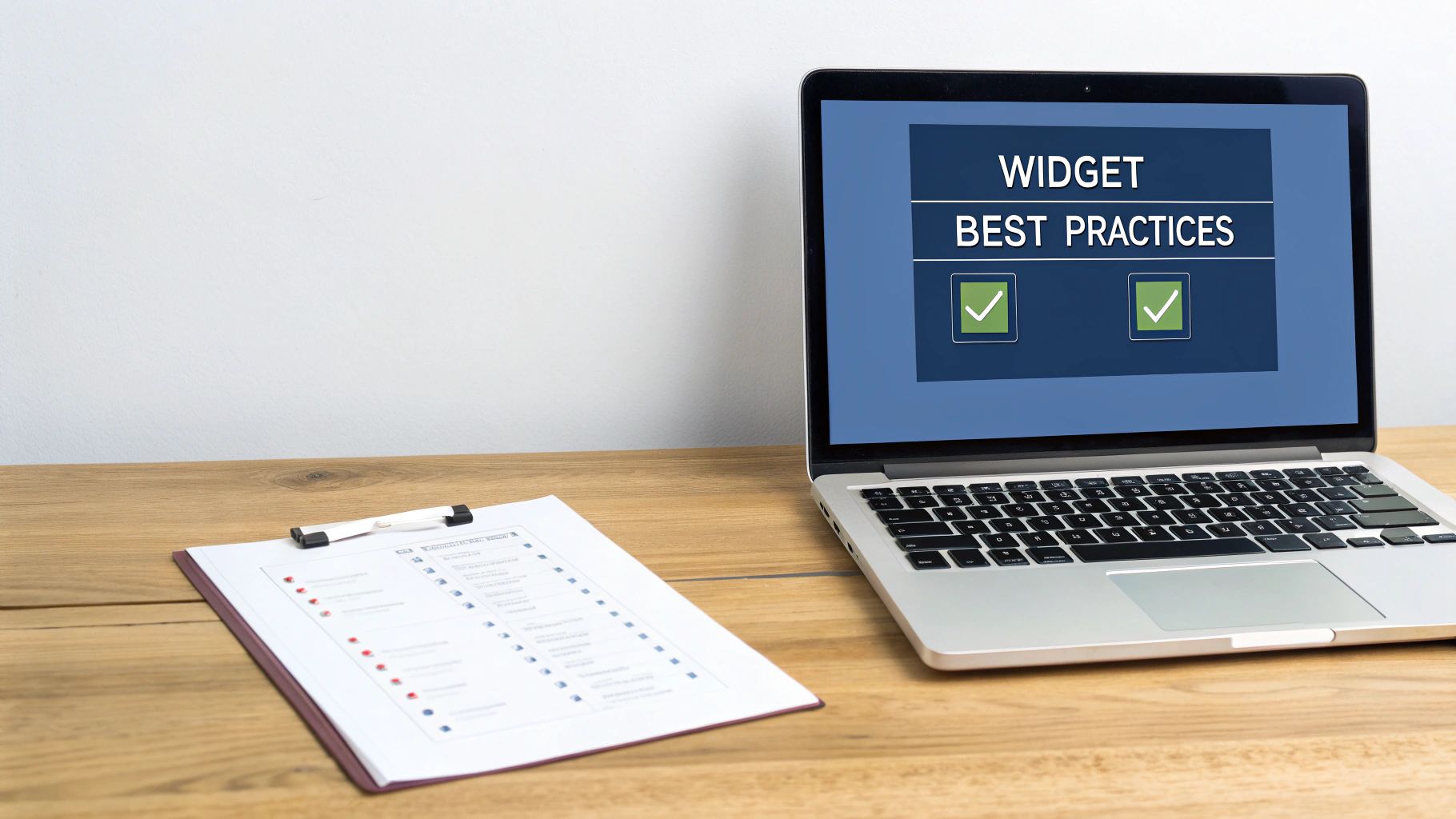 Laptop displaying 'Widget Best Practices' checklist with a physical clipboard on a wooden desk.